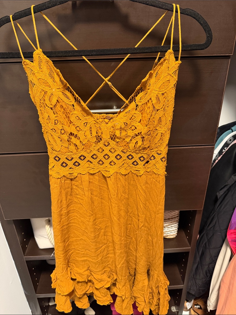 Free people one Mustard Crochet Lace Sundress with Ruffle Hem
